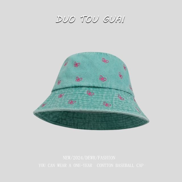 Hat Washed Bow Denim Bucket Embroidered