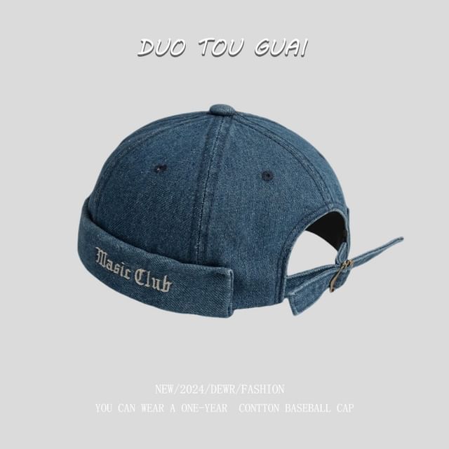 Denim Embroidered Washed Lettering Hat Brimless