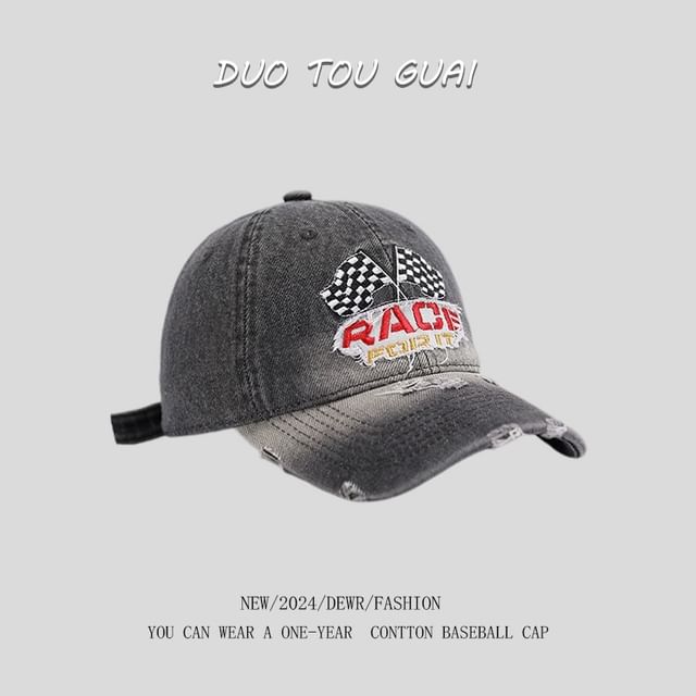 Denim Lettering Cap Distressed Embroidered Washed Baseball