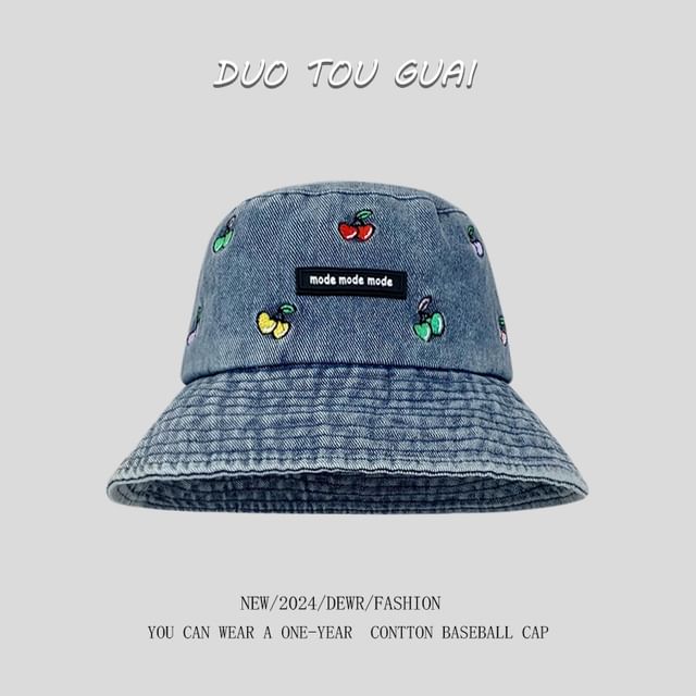 Washed Denim Embroidered Bucket Cherry Hat