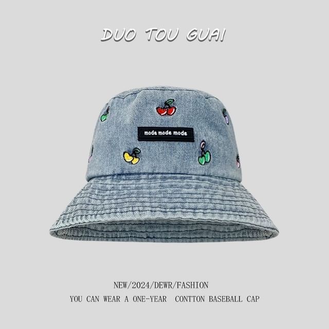 Washed Denim Embroidered Bucket Cherry Hat