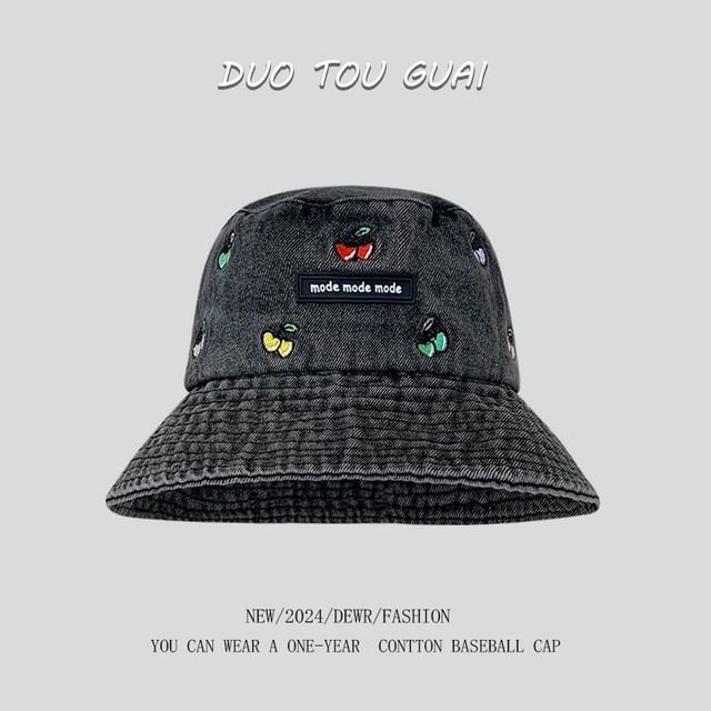 Washed Denim Embroidered Bucket Cherry Hat