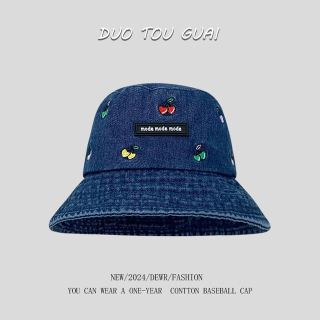 Washed Denim Embroidered Bucket Cherry Hat