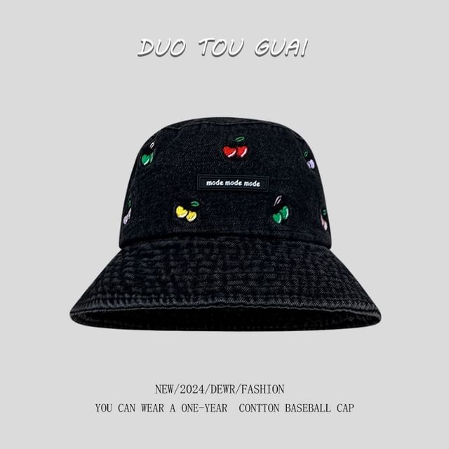 Washed Denim Embroidered Bucket Cherry Hat
