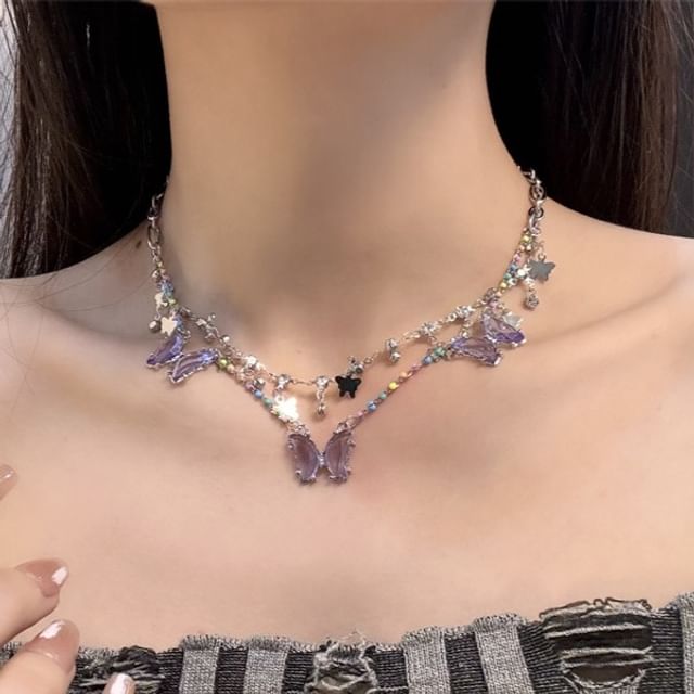 Butterfly Necklace Fringed Faux Crystal Layered