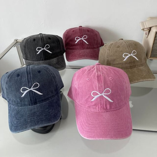 Washed Cap Bow Embroidered Baseball