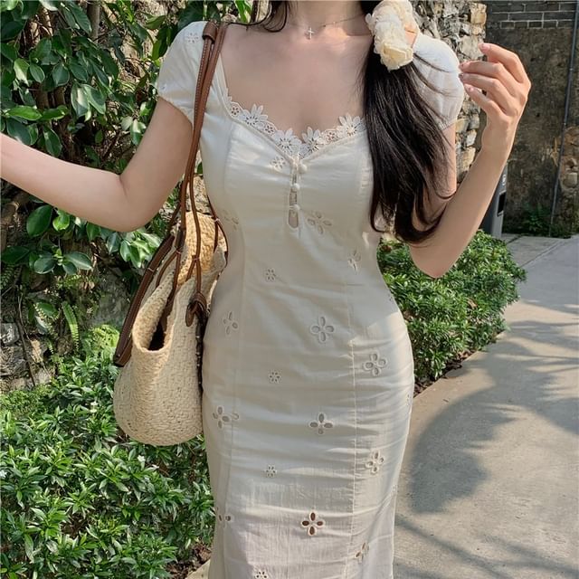 Dress Mermaid Maxi Mini Lace Panel A-Line Buttoned / Cap-Sleeve Plain V-Neck Eyelet