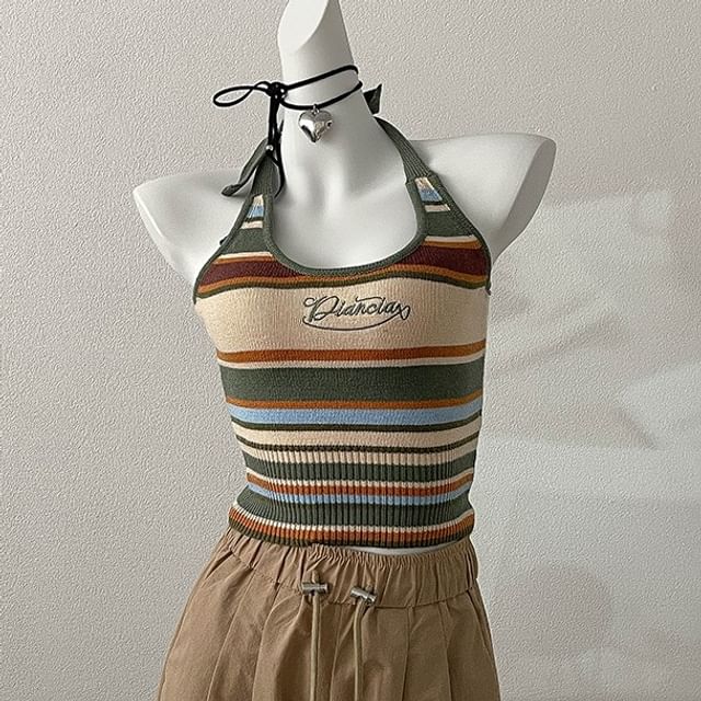 Halter Letter Top Embroidered Striped