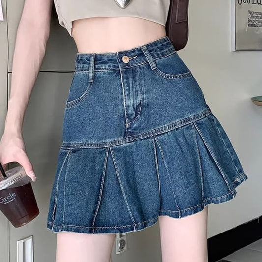 High A-Line Mini Denim Rise Pleated Skirt Washed