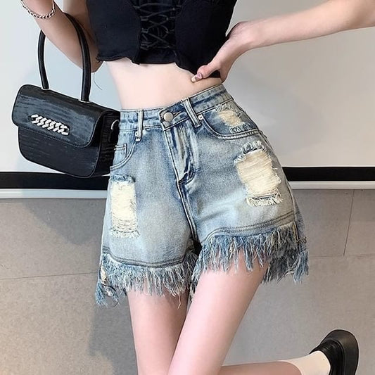 High Denim Waist Distressed Washed Fringe Shorts