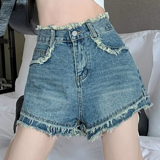Washed Fray Shorts Waist Denim High