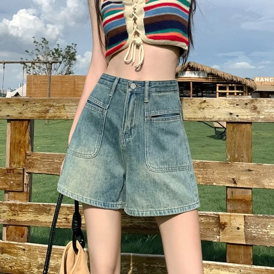 Washed Shorts Waist High Denim