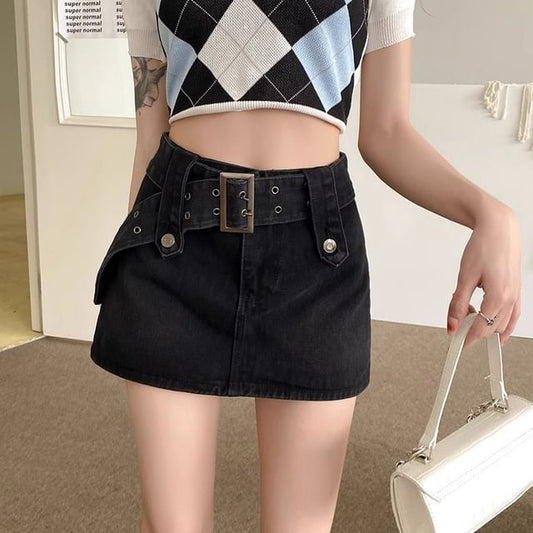 Waist Mini Denim Skort Belted High A-Line