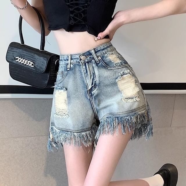 High Denim Waist Distressed Washed Fringe Shorts