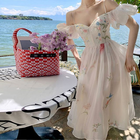 Floral Dress A-Line Midi Cold-Shoulder Puff-Sleeve