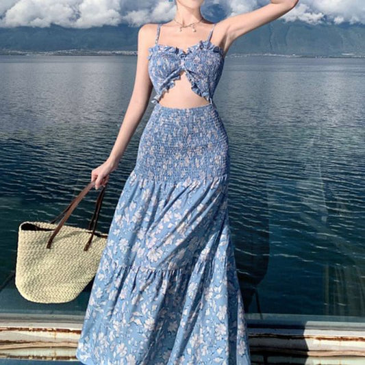 Strap Floral Spaghetti Sundress Maxi Cutout