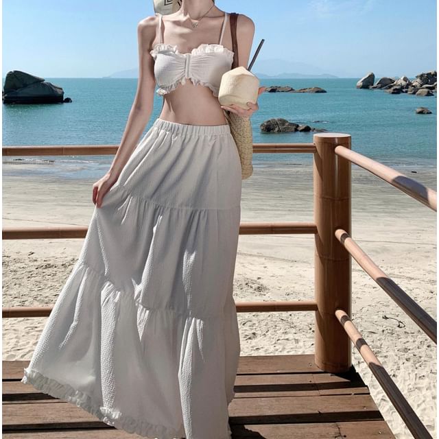 Ruffle Maxi Set: + Waist Skirt Cropped High A-Line Plain Top Cami