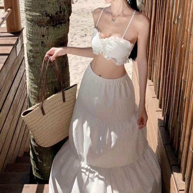Ruffle Maxi Set: + Waist Skirt Cropped High A-Line Plain Top Cami