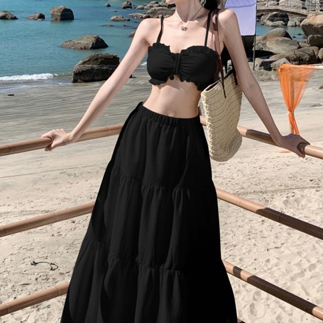 Ruffle Maxi Set: + Waist Skirt Cropped High A-Line Plain Top Cami