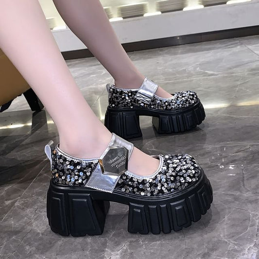 Platform Mary Jane Shoes Sequined