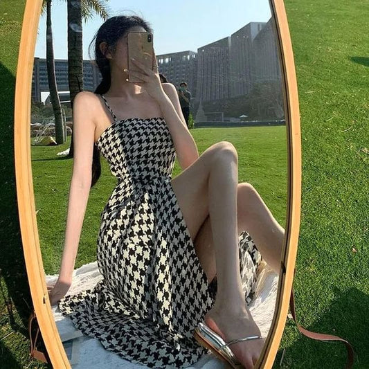 A-Line Houndstooth Maxi Strap Dress Spaghetti Slit