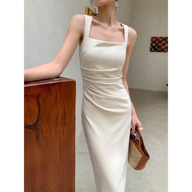 Sleeveless Sheath Midi Square Ruched Plain Neck Dress