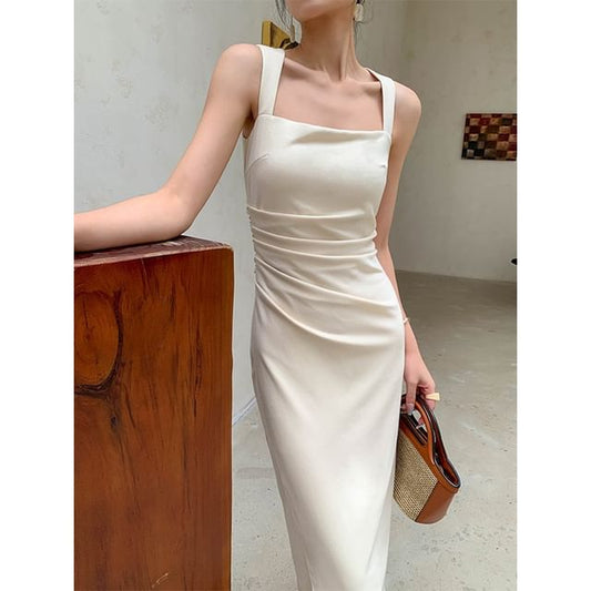 Sleeveless Sheath Midi Square Ruched Plain Neck Dress