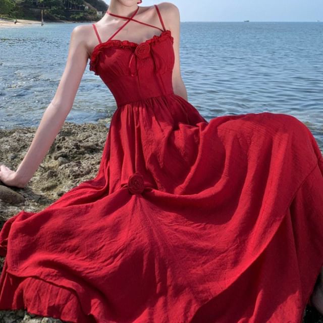 Sundress Strap Maxi Spaghetti Flower Plain Detail Ruffle