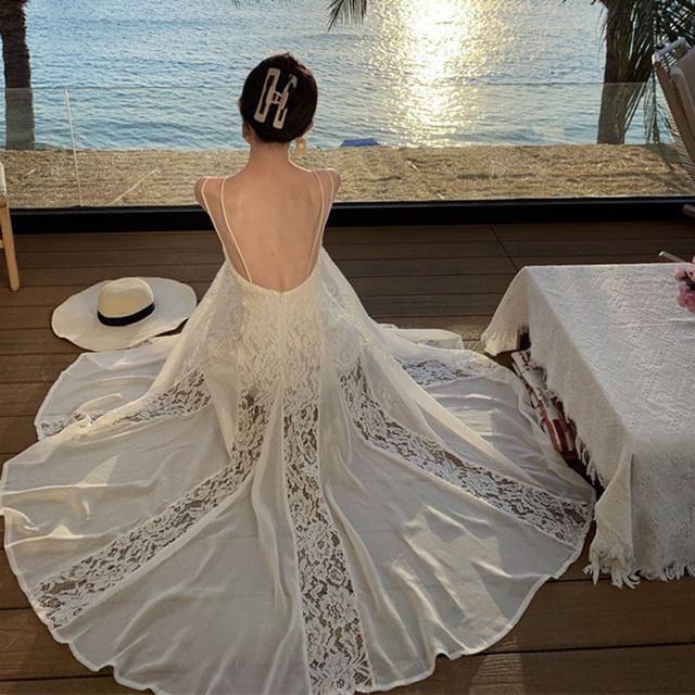 Maxi Open Back Spaghetti Plain Lace Sundress Strap Panel