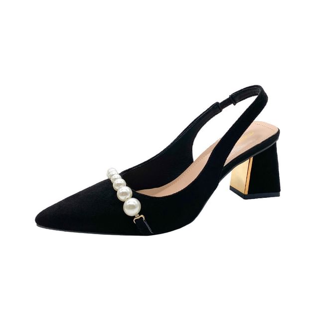 Block Slingback Sandals Pointed Beaded Heel