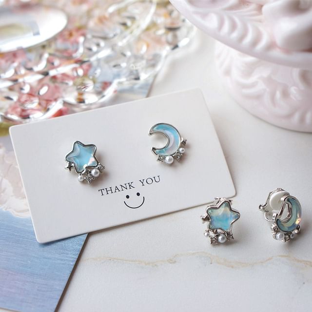 Stud Star Earring Alloy Asymmetrical Moon