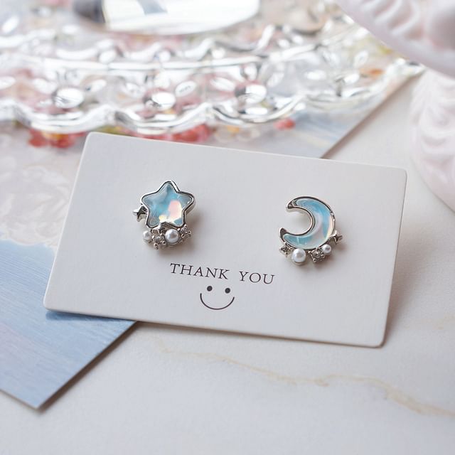 Stud Star Earring Alloy Asymmetrical Moon