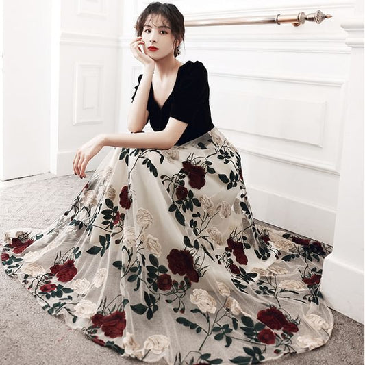 Panel Dress Short-Sleeve Evening Embroidered Neckline Sweetheart Cocktail Gown Floral A-Line /