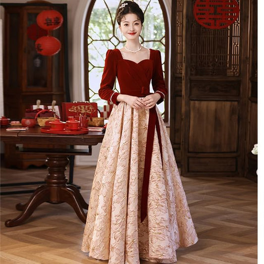 Square Panel A-Line Velvet Dress Neck Evening Gown Long-Sleeve Jacquard / Cocktail