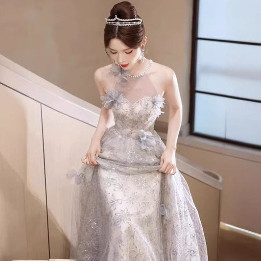 A-Line Faux Sleeveless Mesh Floral Pearl Round Neck Patterned Evening Gown