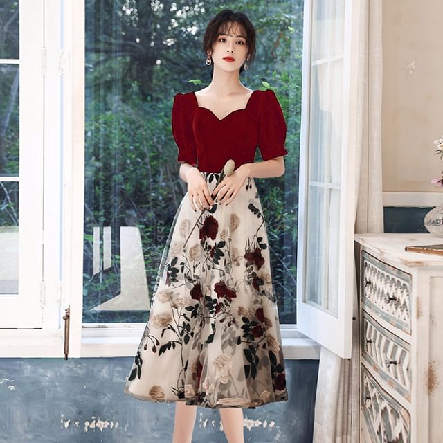 Panel Dress Short-Sleeve Evening Embroidered Neckline Sweetheart Cocktail Gown Floral A-Line /