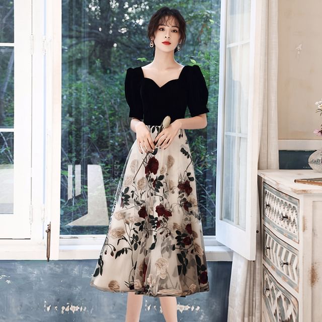 Panel Dress Short-Sleeve Evening Embroidered Neckline Sweetheart Cocktail Gown Floral A-Line /