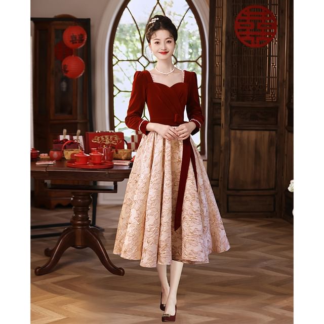 Square Panel A-Line Velvet Dress Neck Evening Gown Long-Sleeve Jacquard / Cocktail