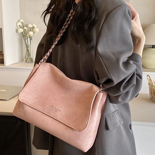 Chain Tote Strap Flap Faux Lettering Bag Leather