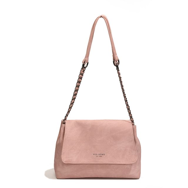 Chain Tote Strap Flap Faux Lettering Bag Leather