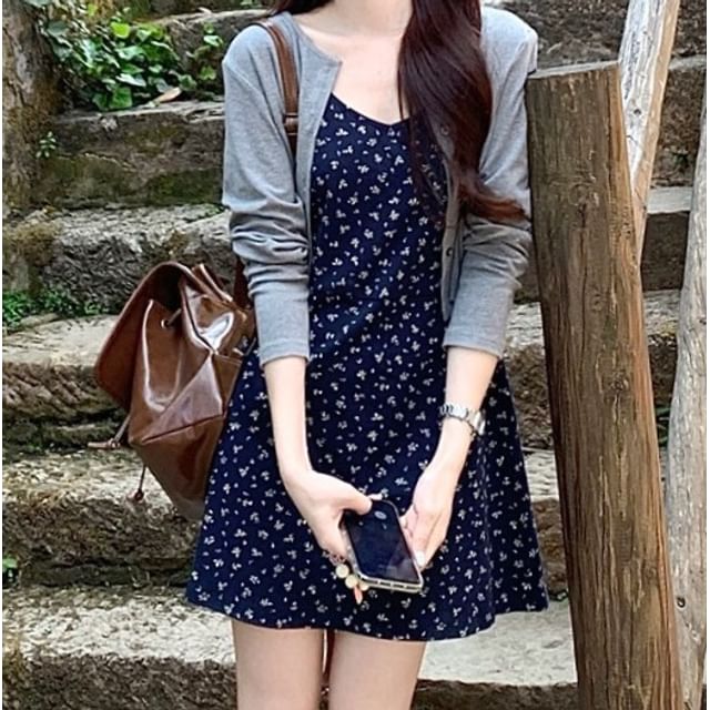 Strap Cardigan Melange Crop Mini Spaghetti Dress A-Line Floral /