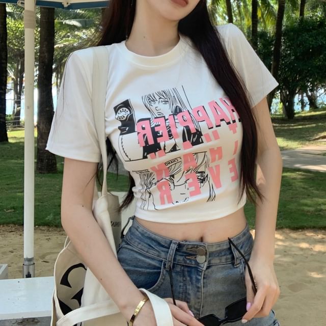 Fit Round Slim Print Short-Sleeve Crop Cartoon Neck T-Shirt