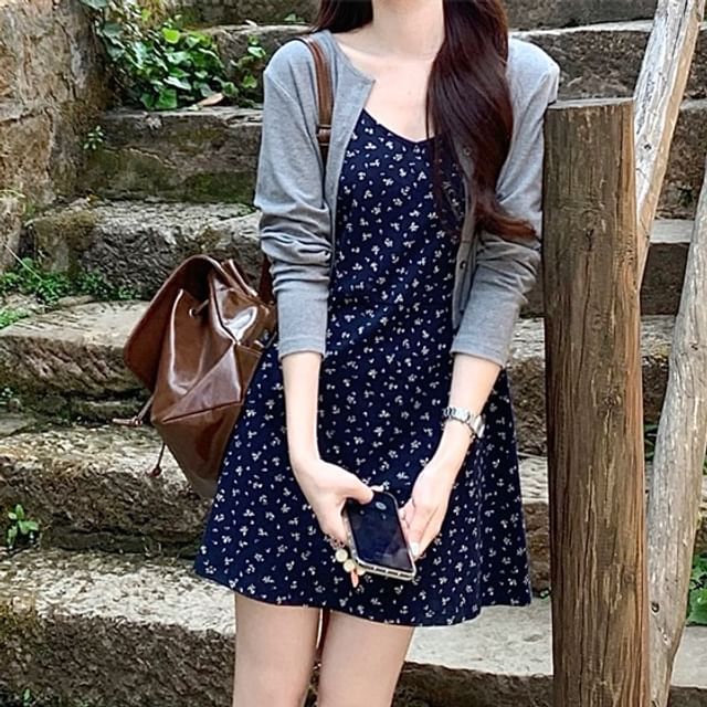 Strap Cardigan Melange Crop Mini Spaghetti Dress A-Line Floral /