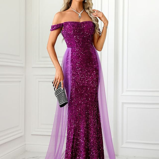 Evening Gown Sequined Mermaid Off-Shoulder Panel Mesh
