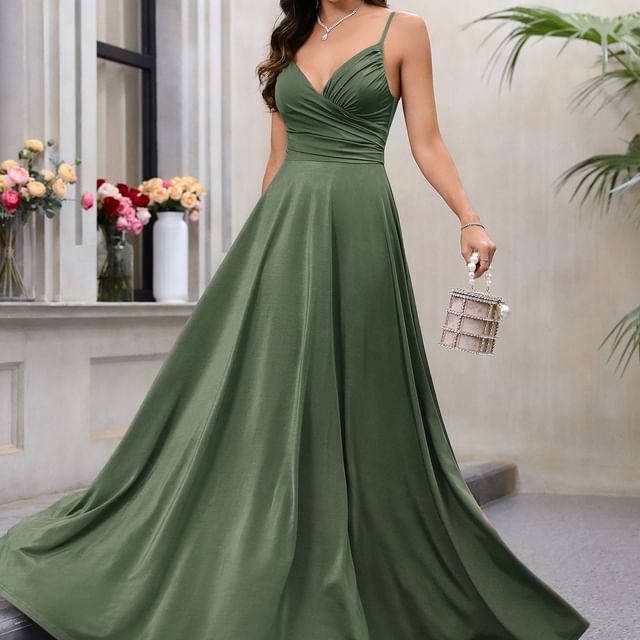 Strap Gown Shirred Wrap Evening Spaghetti A-Line