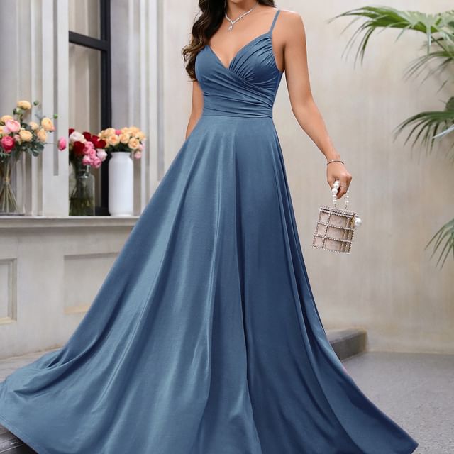 Strap Gown Shirred Wrap Evening Spaghetti A-Line