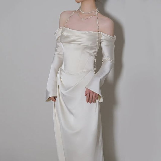 Gown Satin Off Wedding Plain Ruched A-Line Shoulder