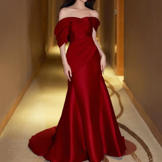 Short-Sleeve Evening Satin Shoulder Trumpet Plain Ruched Off Gown
