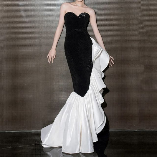 Two Tone Panel Evening Mermaid Tube Gown Ruffle