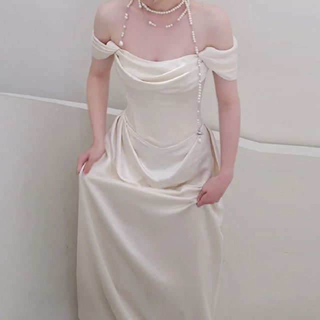 Gown Satin Off Wedding Plain Ruched A-Line Shoulder